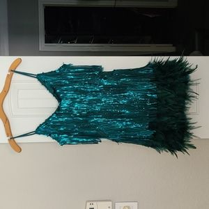 Teal feather and fringe Dress size Small